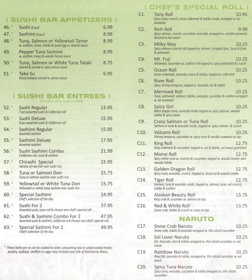 Old Bridge Sushi Japanese Resaturant in Old Brideg Menu